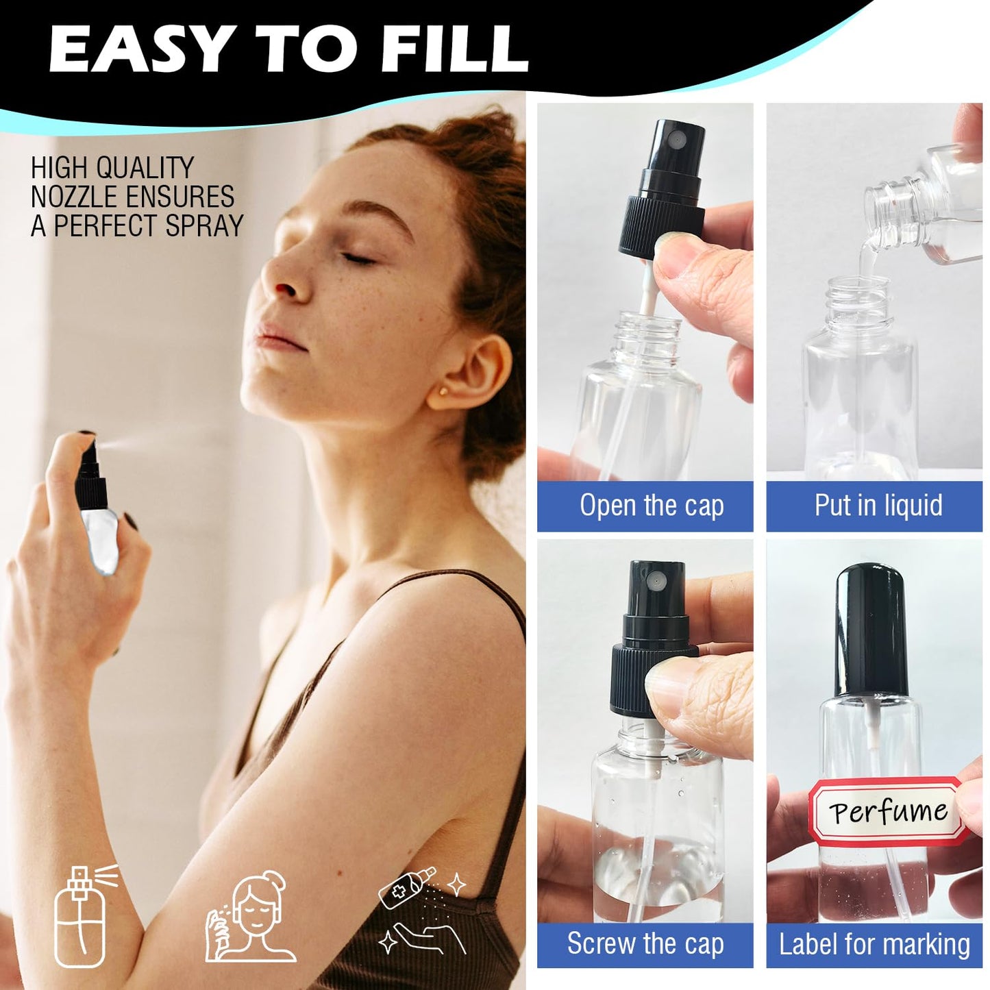 DupakSYS 100 Pack 2oz/55ml Plastic Small Spray Bottles Mini Travel Spray Bottle with Black Cap Empty Fine Mist Spray Bottles Refillable Liquid Container for Perfumes Travel Makeup
