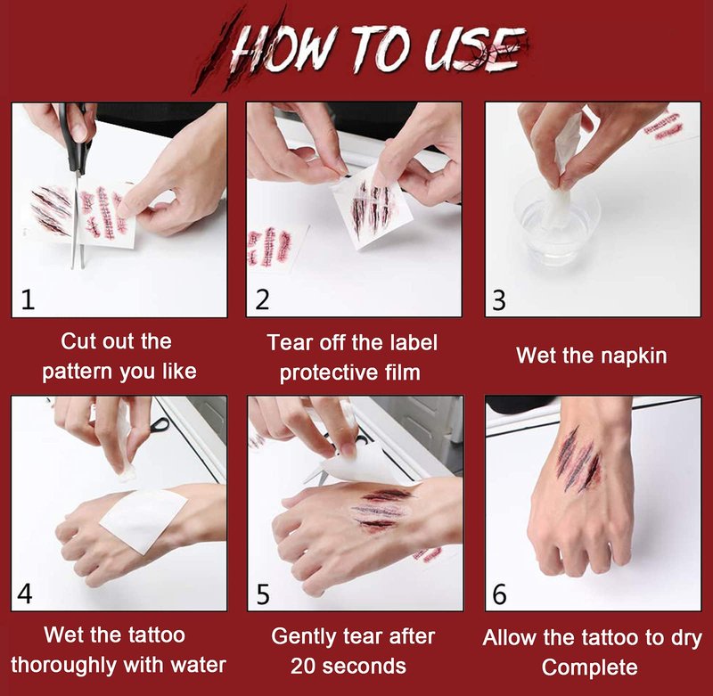 YUERWOVER 9 Sheet Body Face Temporary Tattoos Realistic Fake Wound Stitch Scar Scab Waterproof Horror Sticker Halloween Fool's Day Zombie Masquerade Prank Makeup Props for Kids Adult