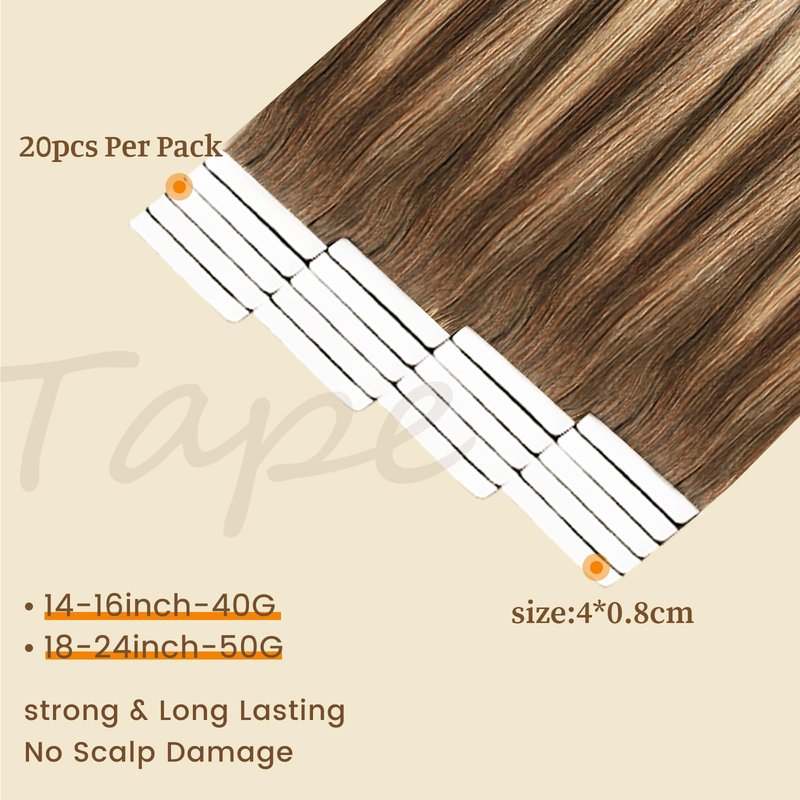 DNE Tape in Hair Extensions Real Human Hair 14 inches 20Pcs/40g/Pack Seamless Dark Brown to Chestnut Brown#T4-P4/27 Straight Invisible Double Sided Tape in Hair Extensions for Women/Girls