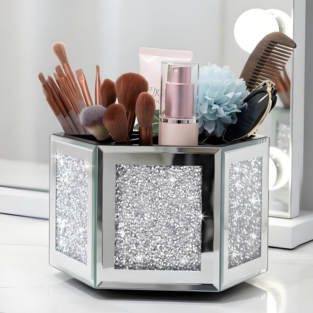 VOHJD Rotatable Multifunctional Jewelry Utensil Holder Hexagon Jewelry Make up Organizer Cups Crush Diamond Mirror Decor, brush/office pen cup holder Eyeliners Display Case for Vanity