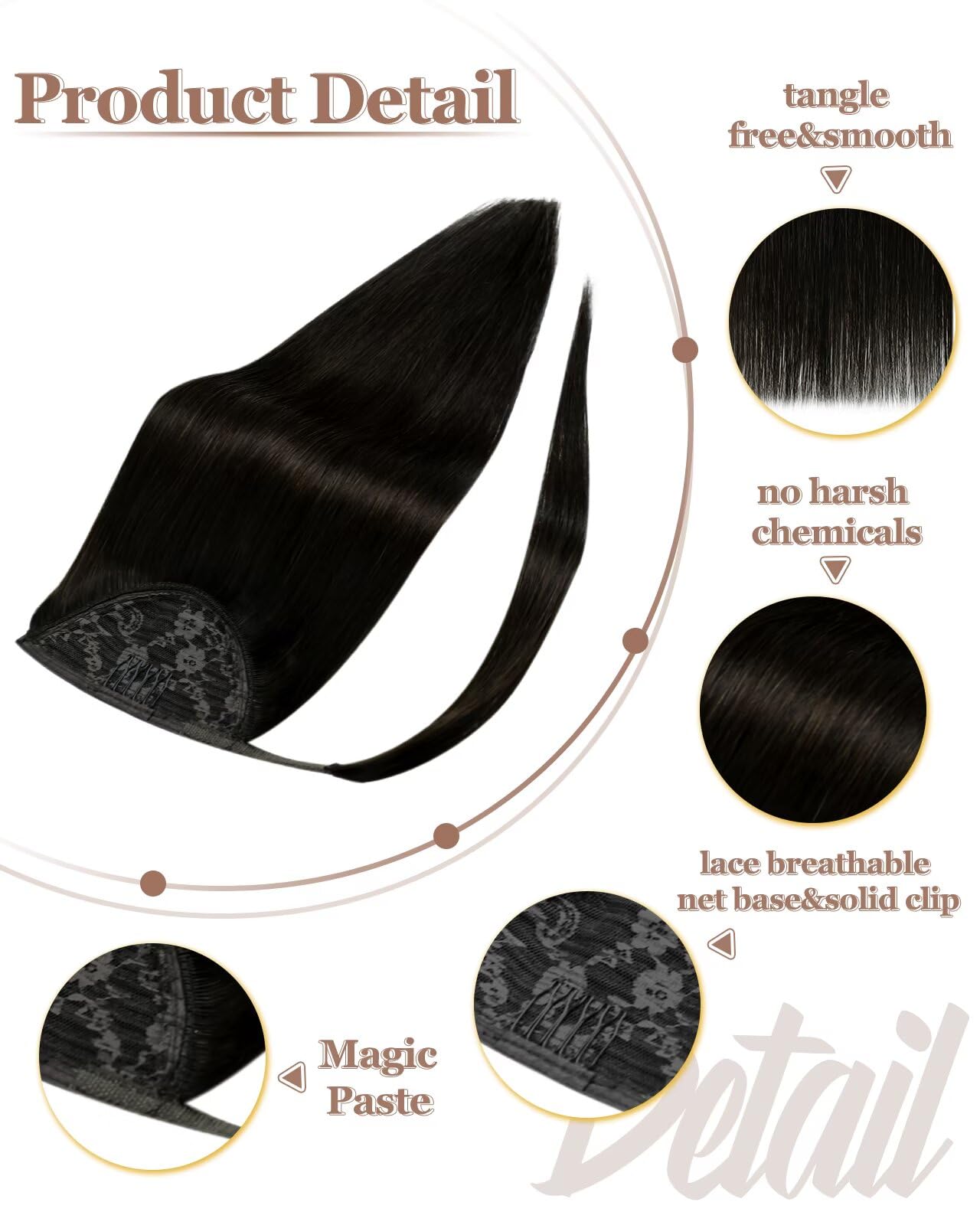 Hetto Ponytail Extension Human Hair Darkest Brown 12Inch 70g