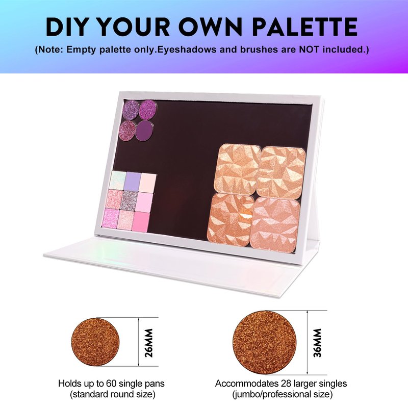 Large Empty Magnetic Palette, Portable Style Standable Case, White Holographic Cardboard Magnetic Palette, Holds 60pcs 26mm Round or Square Makeup Pans, Strong Magnet DIY Organizer
