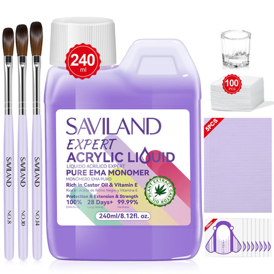 SAVILAND 8OZ EMA Acrylic Liquid Monomer: Pure EMA Odorless Liquid Monomer Professional Nail Monomer Liquid Kit for Acrylic Powder with Acrylic Brush Dappen Dish Nail Table Mat Nail Tech Salon