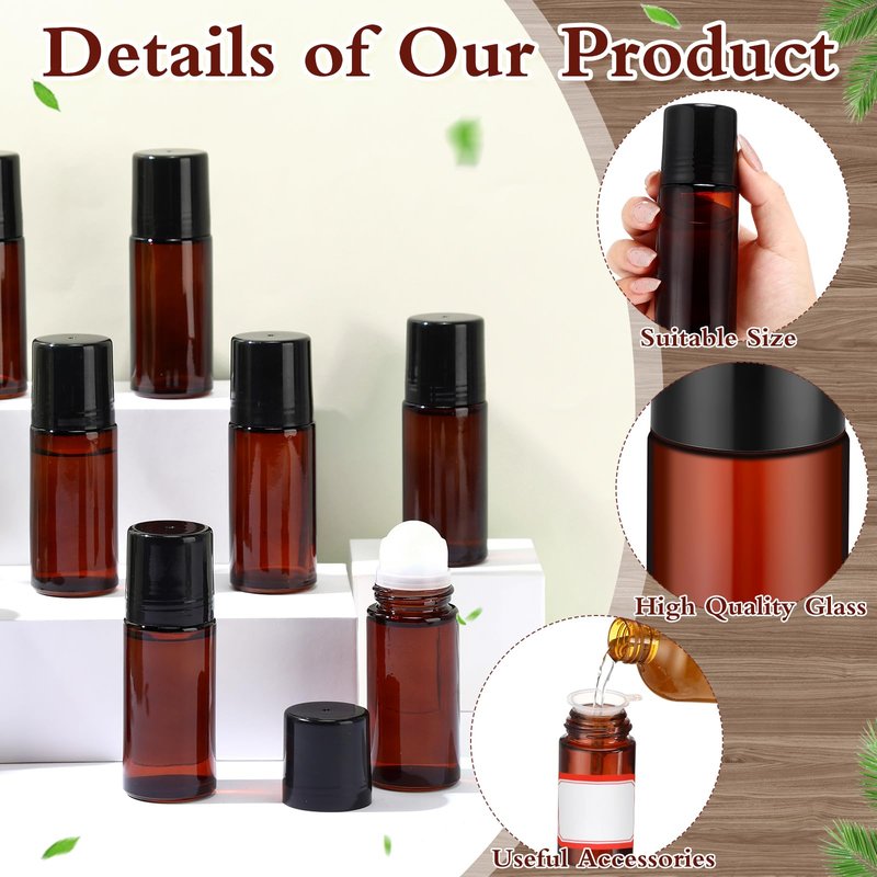 Sumind 24 Pcs Glass Roller Bottles for Essential Oil 50ml Empty Deodorant Bottle Roller Ball Container Refillable Rollerball Bottle with Plastic Balls, Funnel and Sticker (Brown)