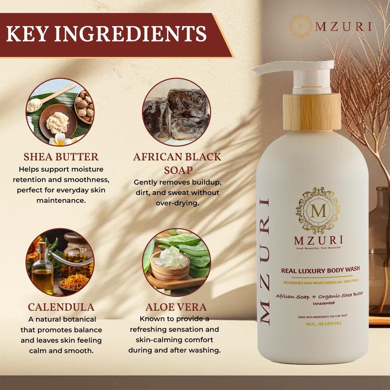 MZURI Body Wash, African Black Soap, Organic Coconut Oil, & Wild Coronado Cherry, Moisturizing, Hydrating, & Gentle Formula for Dry, Sensitive Skin, Shea Butter Luxury Body Wash - 16 Fl. Oz