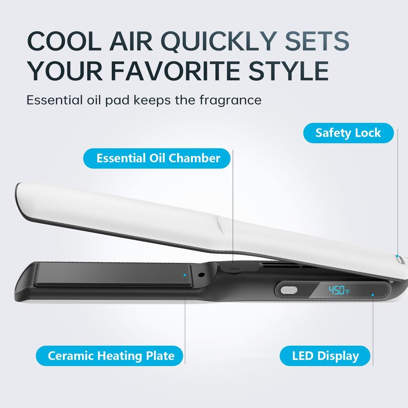 2 in 1 Professional Hair Straightener & Curler, Titanium Plates with Cool Air Fan, 3 Temp Settings (355℉-450℉), Negative Ion for Curly/Thick Hair, Essential Oil Diffuser, Clips & Aromatherapy Pads