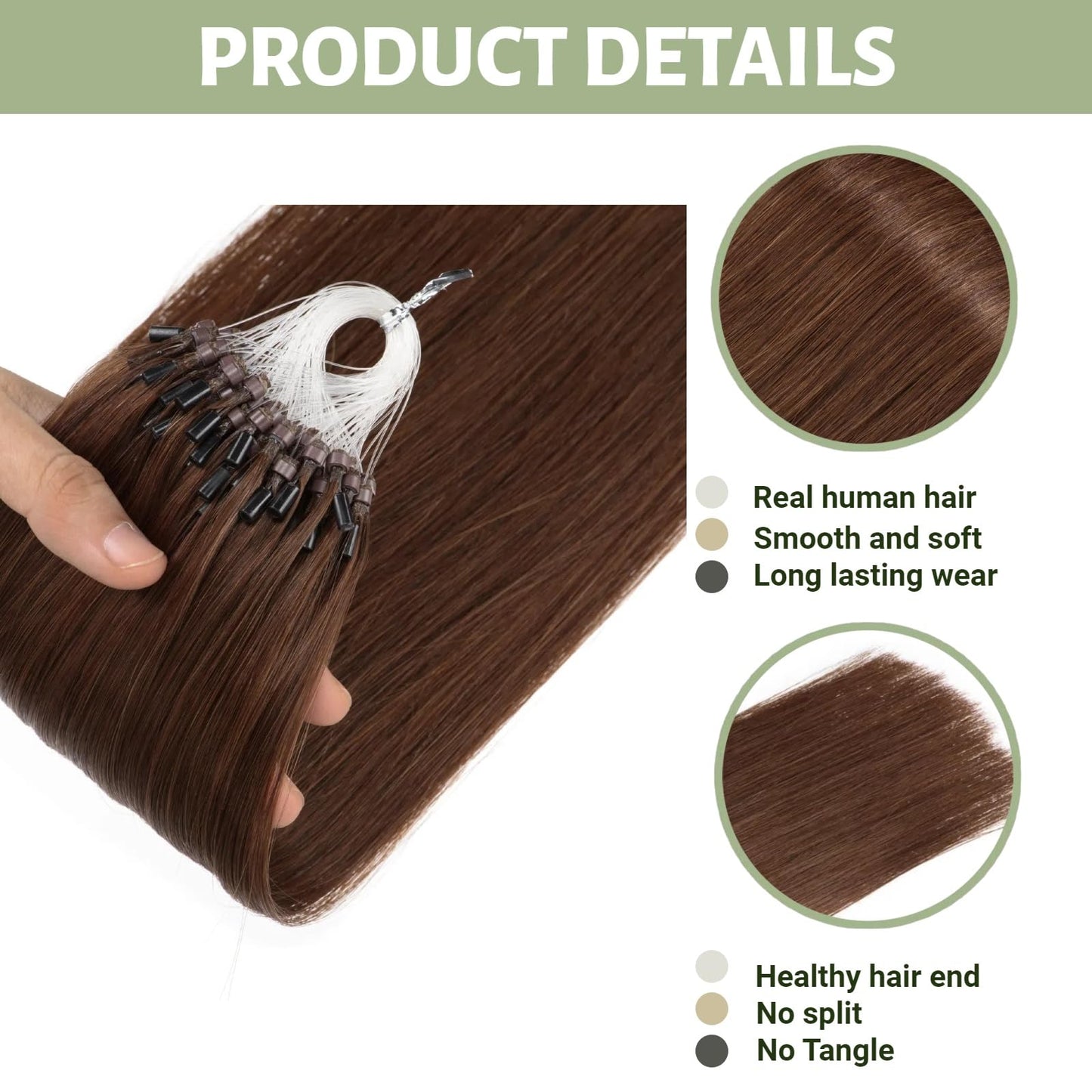 Micro Links Hair Extensions Human Hair 16 Inch Medium Brown Real Human Hair Extensions #4 Micro Links Hair 0.5g/s, 50g, Invisible Micro Bead Extensions