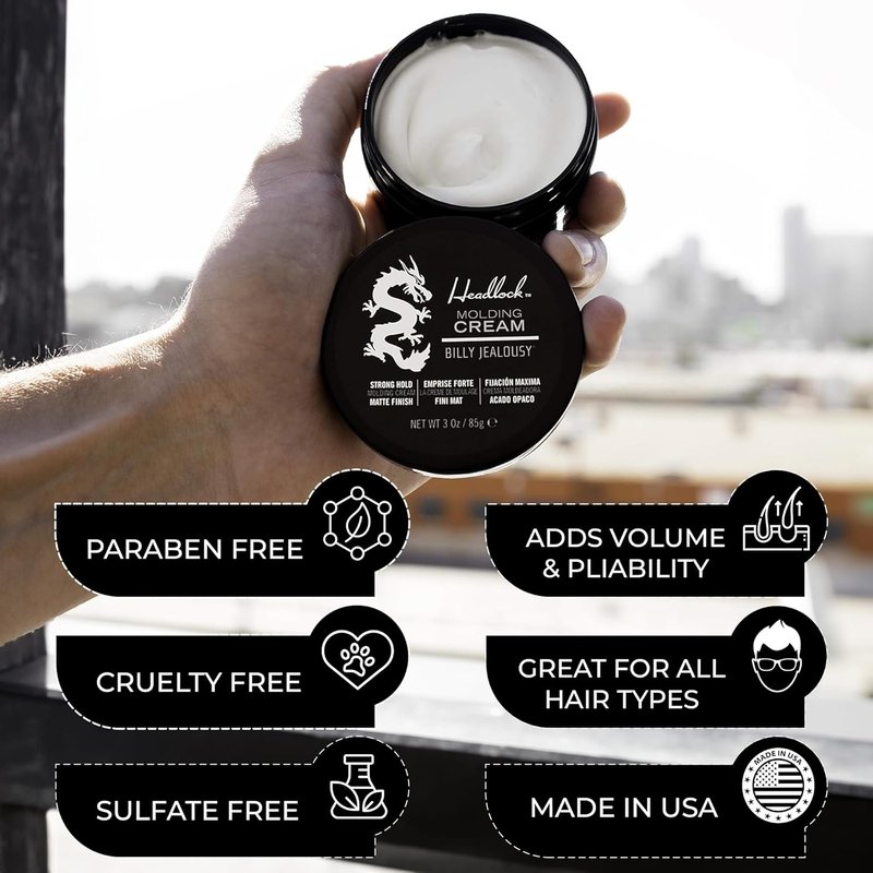 Billy Jealousy Headlock Hair Molding Cream - Strong All-Day Hold, Natural Matte Finish | 3 Ounce