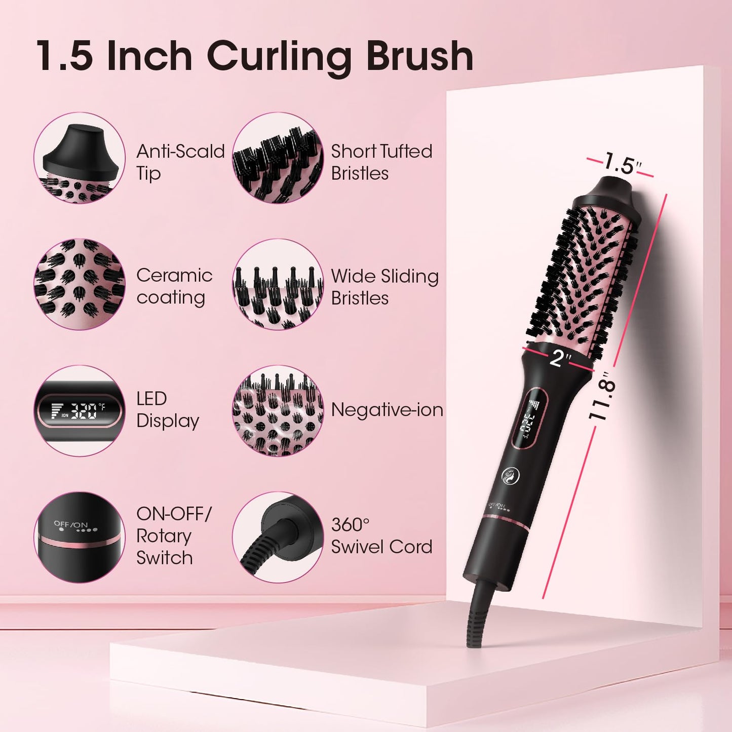 CINOSTAR Updated Version Heated Round Brush for Blowout Look Volumizer, 1.5 inch Styler Tool, 6 Temps Ionic Thermal Brush, Fast Heating, Dual Voltage for Travel, Purple