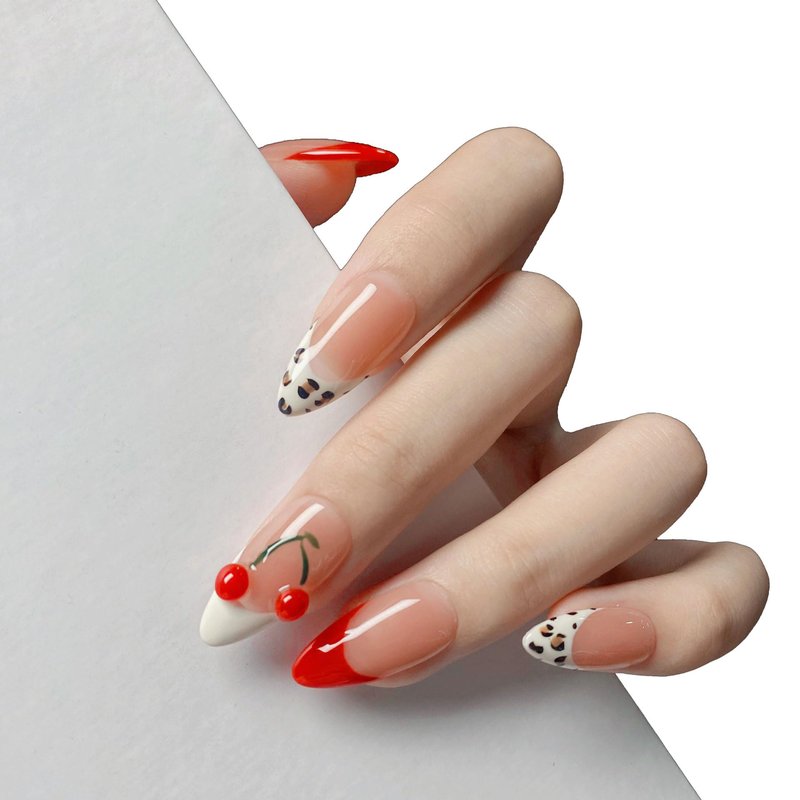 Almond Press on Nails Handmade Medium Long/Stiletto 3D Flower Fake Nail with Designs, Women Reusable False Nails (Cherry Leopard French, M)