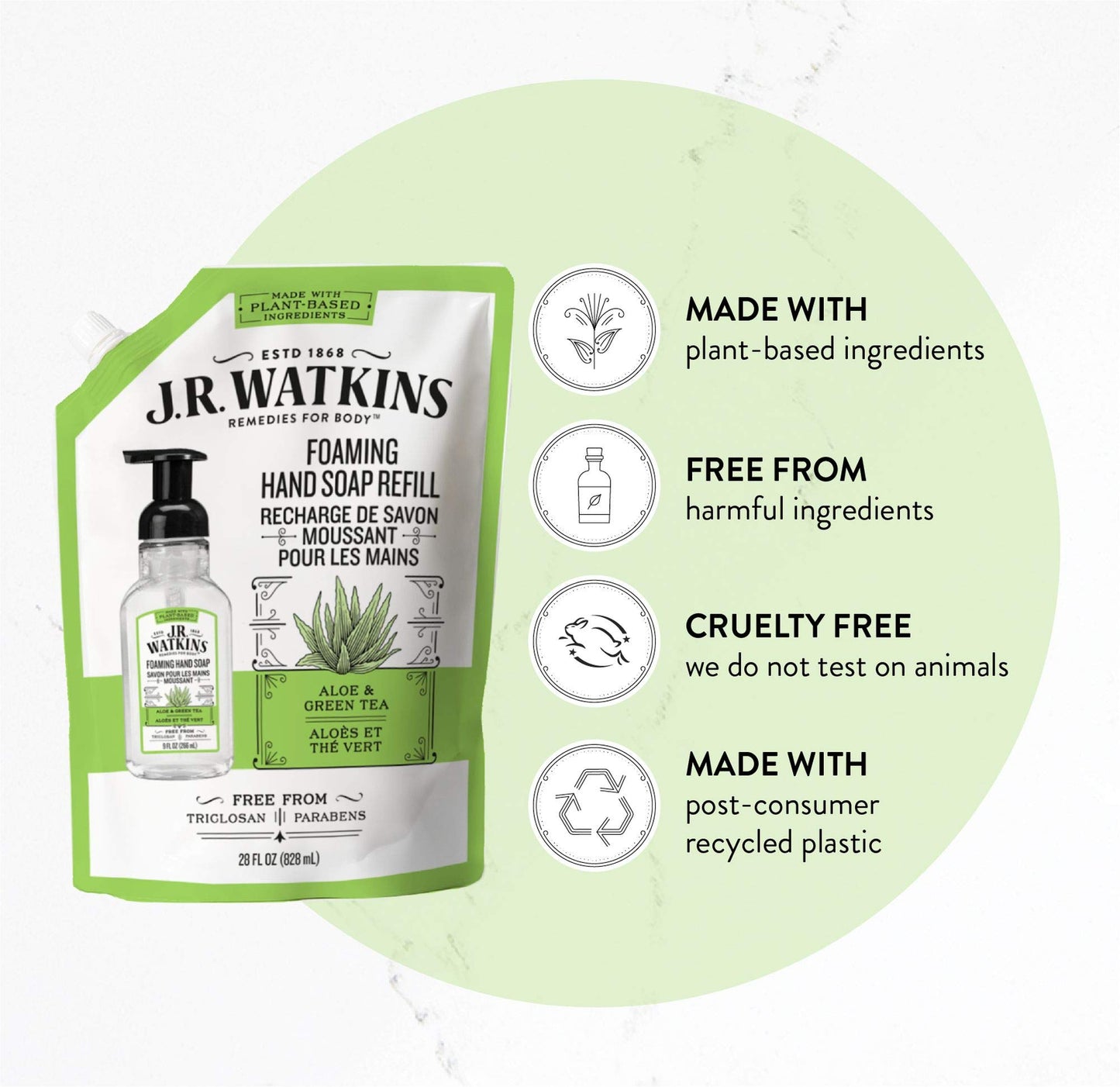 J.R. Watkins Foaming Hand Soap Refill Pouch, Scented Foam Handsoap for Bathroom or Kitchen, USA Made and Cruelty Free, 28 fl oz, Aloe & Green Tea, 2 Pack