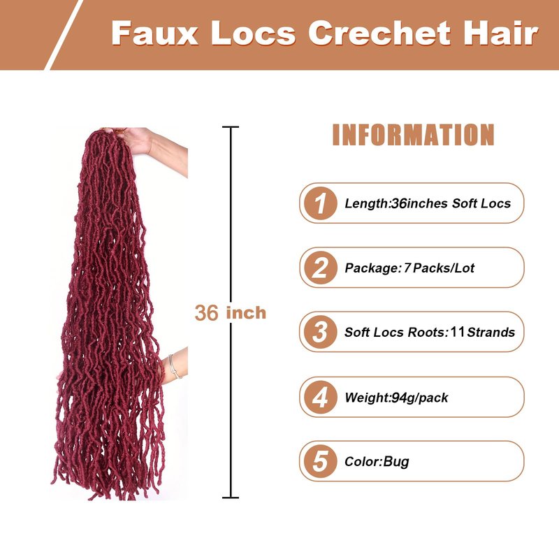 Burgundy red Soft Locs 36 Inch 7 Packs Crochet Hair Faux Locs Pre-looped Super Lightweight Goddess Locs color 530 Synthetic Crochet Hair Braids For Black Women (Bug, 36 Inch（Pack of 7）)