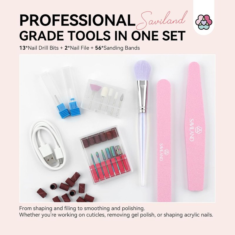 Professional Nail Drill - 40000RPM Rechargeable Electric Filer Kit | Pink, 6000mAh Battery for Acrylic Nails, Home Salon Use