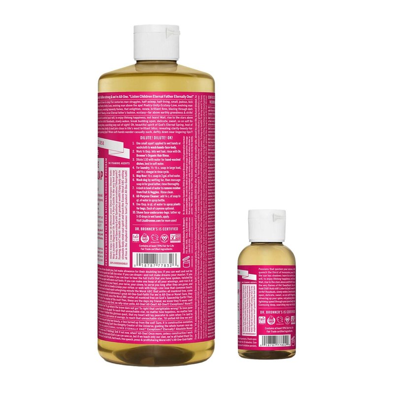Dr. Bronner's Pure-Castile Liquid Soap - Rose Scent | 32 oz Bottle & 2 oz Travel Size