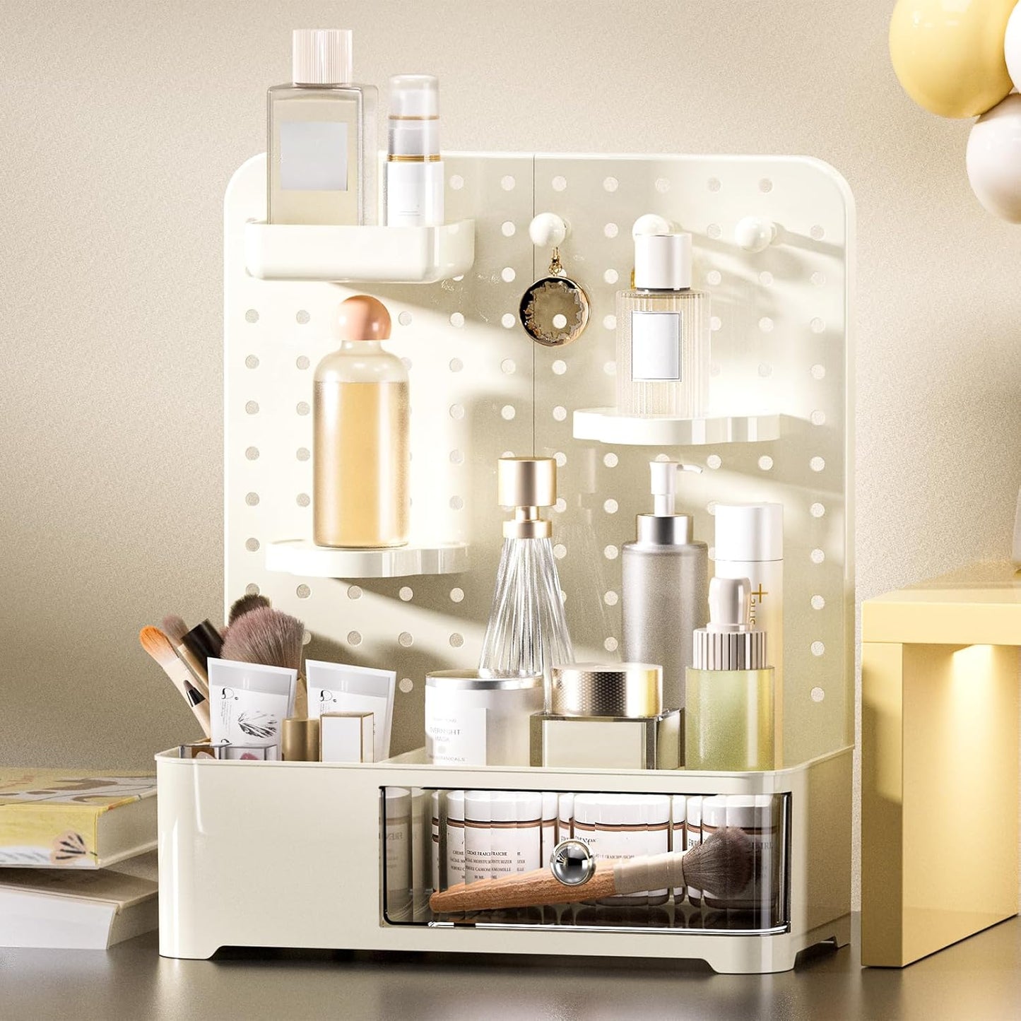 Makeup Organizer - Aesthetic Cosmetic Storage Rack with Adjustable Shelves & Drawer | Cream White