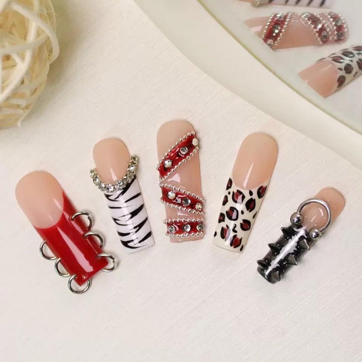 100% 5D Handmade Press on Nails with Charms Long Square Nail Press ons- Red French Tips False Nails Rhinestone Brown Leopard Fall Press on Nails for Women Girls Daily Wear DIY Manicure Size L