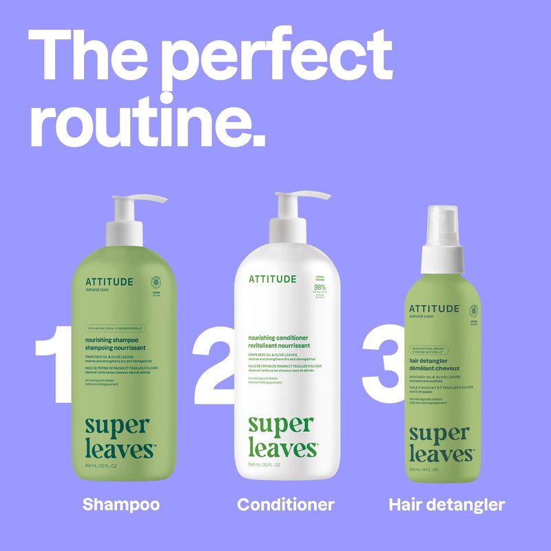 ATTITUDE Nourishing Hair Shampoo, EWG Verified, For Dry and Damaged Hair, Naturally Derived Ingredients, Vegan and Plant Based, Grapeseed Oil and Olive Leaves, 32 Fl Oz