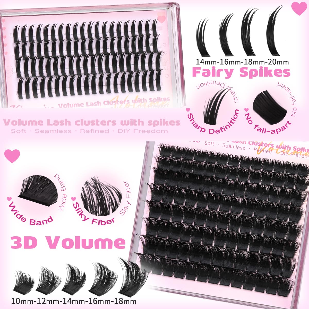 Kiromiro Lash Clusters With Spikes Fluffy Cluster Eyelash Extensions 10-18mm Volume Eyelash Clusters DIY Thick Cluster Lashes with 14-20mm Spikes Lash Clusters
