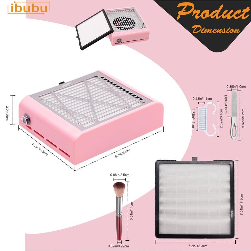 ibubu Nail Dust Collector Machine Electric Strong Suction Nail Dust Vacuum Cleaner Nail Salon Dust Extractor Acrylic Nail Powder Dust Collector Vacuum Fan with Multiple Tool Kits for Nails Pink