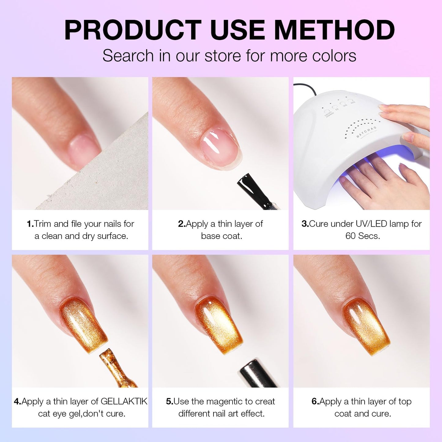 GELLAKTIK 9D Glassy Cat Eye Gel Nail Polish Set 6 Colors 12ML with Magnet
