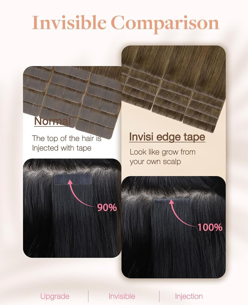 Invisi Edge Tape in Hair Extensions - 18" Balayage Walnut to Ash Blonde, 6pcs, Virgin Remy Hair, Seamless Design