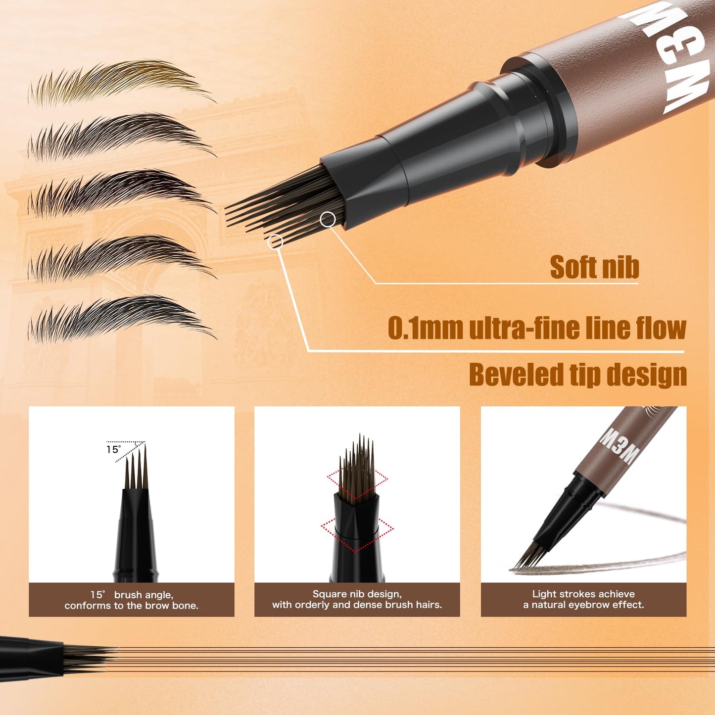 Eyebrow Pencils for Women, W3W 4D Dual-Ended Brow Pen, Angled Square Tip + Ultra-Fine Brush Tip, Waterproof Smudge-Proof, Natural Hair-Like Strokes, Brown (Medium Brown)