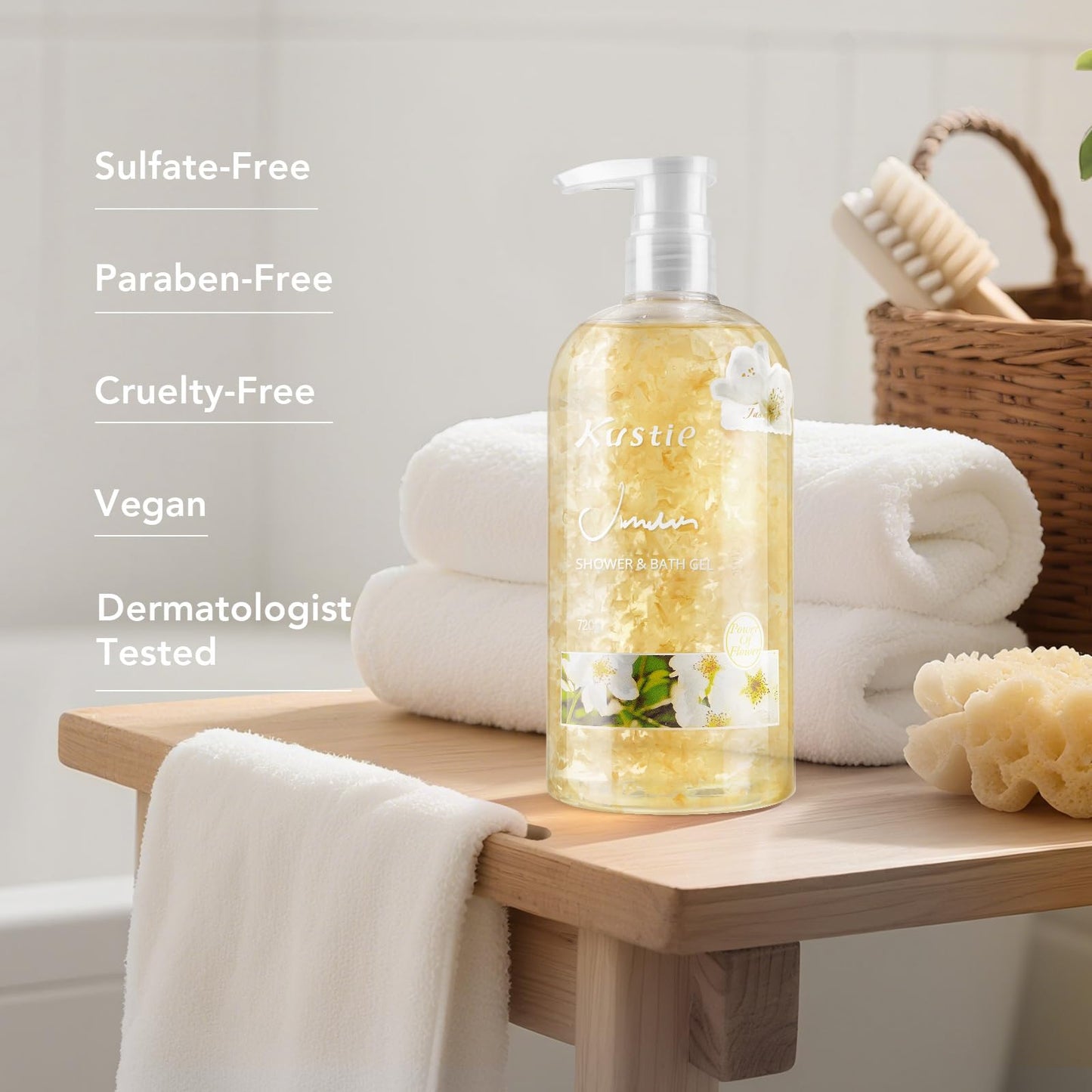 Kustie Jasmine Body Wash with Real Flower Petals – Hydrating Shower Gel with Hyaluronic Acid, Niacinamide & Squalane, Moisturizing Floral Body Wash for Dry & Sensitive Skin, 24.3 fl oz