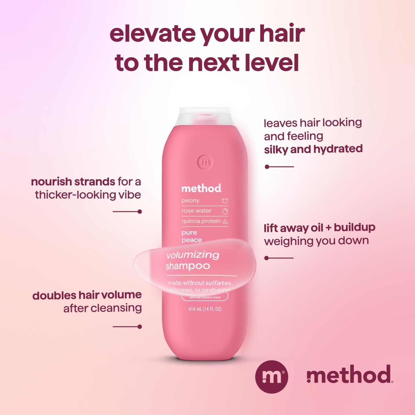 Method Pure Peace Volumizing Shampoo - For Thicker, Fuller and Visibly Hydrated Hair - Sulfate Free and Safe for Color-Treated Hair - 14 oz