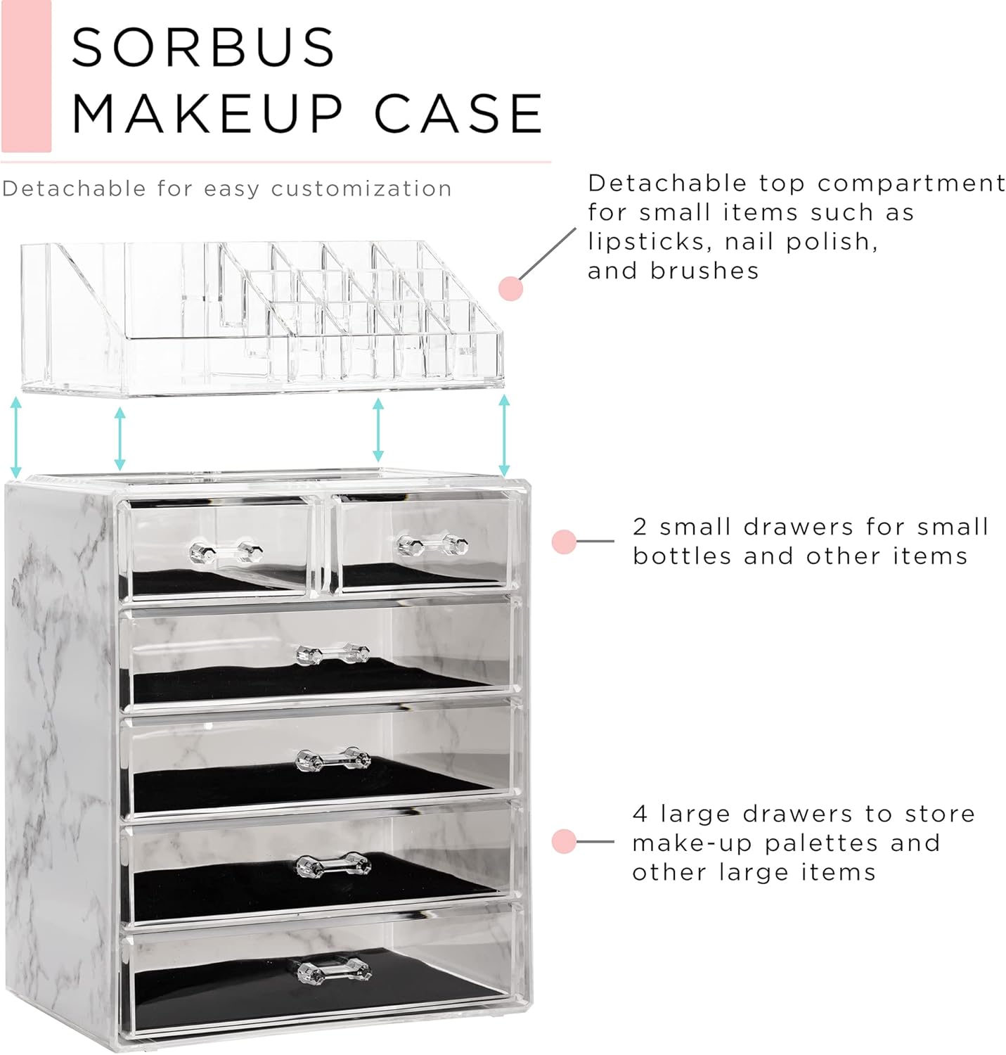 Acrylic Makeup Organizer Set - 6-Drawer Vanity & Countertop Storage | Marble Print for Brushes & Jewelry
