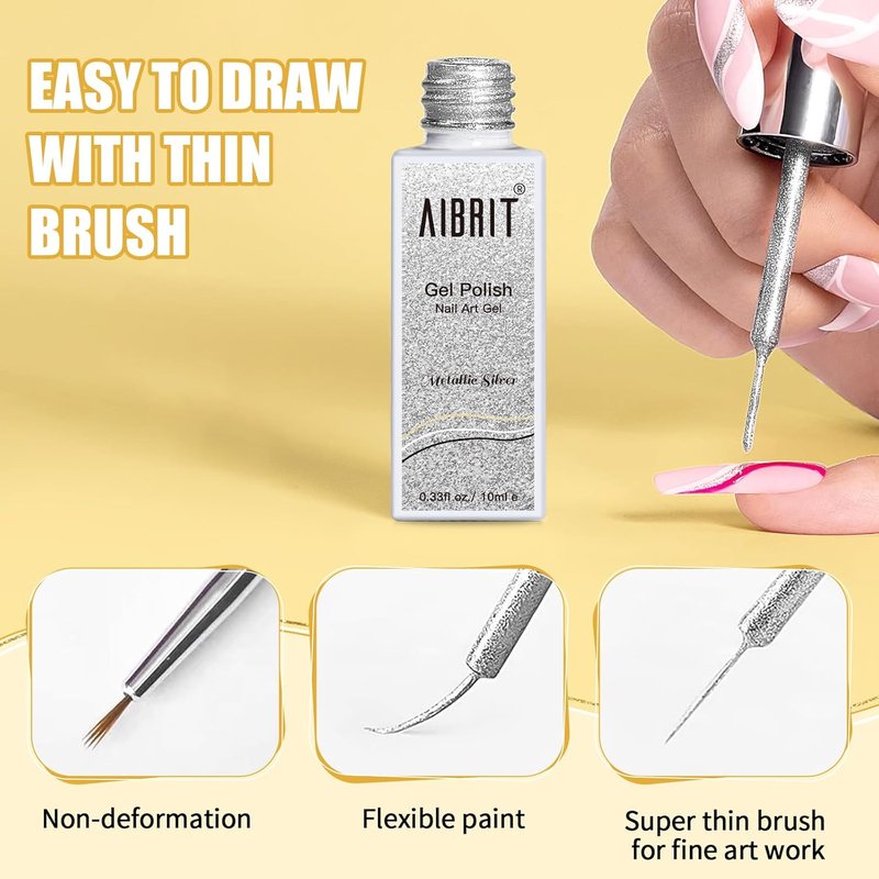 Gel Liner Art Polish Set - 4 Colors Black, White, Gold, Silver | 10ml Bottles for DIY Nail Art & French Tips