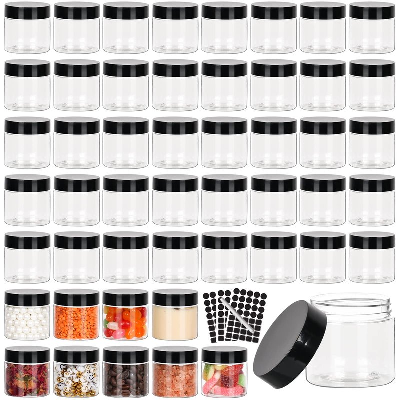 Betrome 50pcs 2 oz Clear Plastic Round Jars with Black Lids, 2oz 60ml Leak-Proof Wide-Mouth Cosmetic Storage Containers for Kitchen Use, Beauty Products, Cream, Scrubs, Bath Salt and More