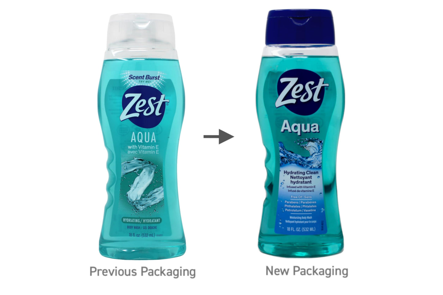 Zest Hydrating Body Wash - Aqua - Moisturizing Body Wash for Men and Women - Bath Soap with Vitamin E - Gentle Paraben Free Formula - 6 pc