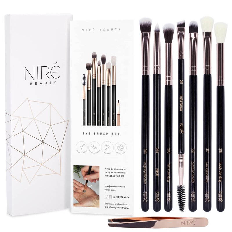 Niré Eye Brush Set - Premium Eye Makeup Brushes for Flawless Application | Includes Eyeshadow, Eyebrow Brush & Tweezers in Rose Gold
