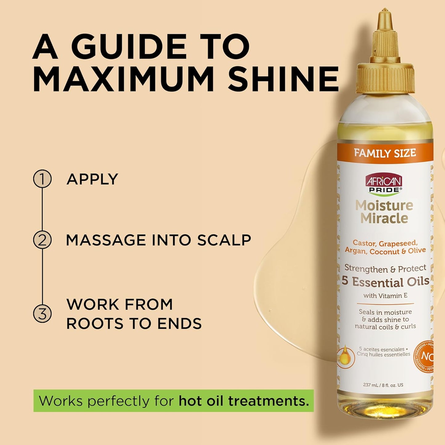 African Pride 5 Essential Hair Oils - Vitamin E Moisture & Shine | Argan, Castor, Coconut, Olive | 8 oz (3 Pack)