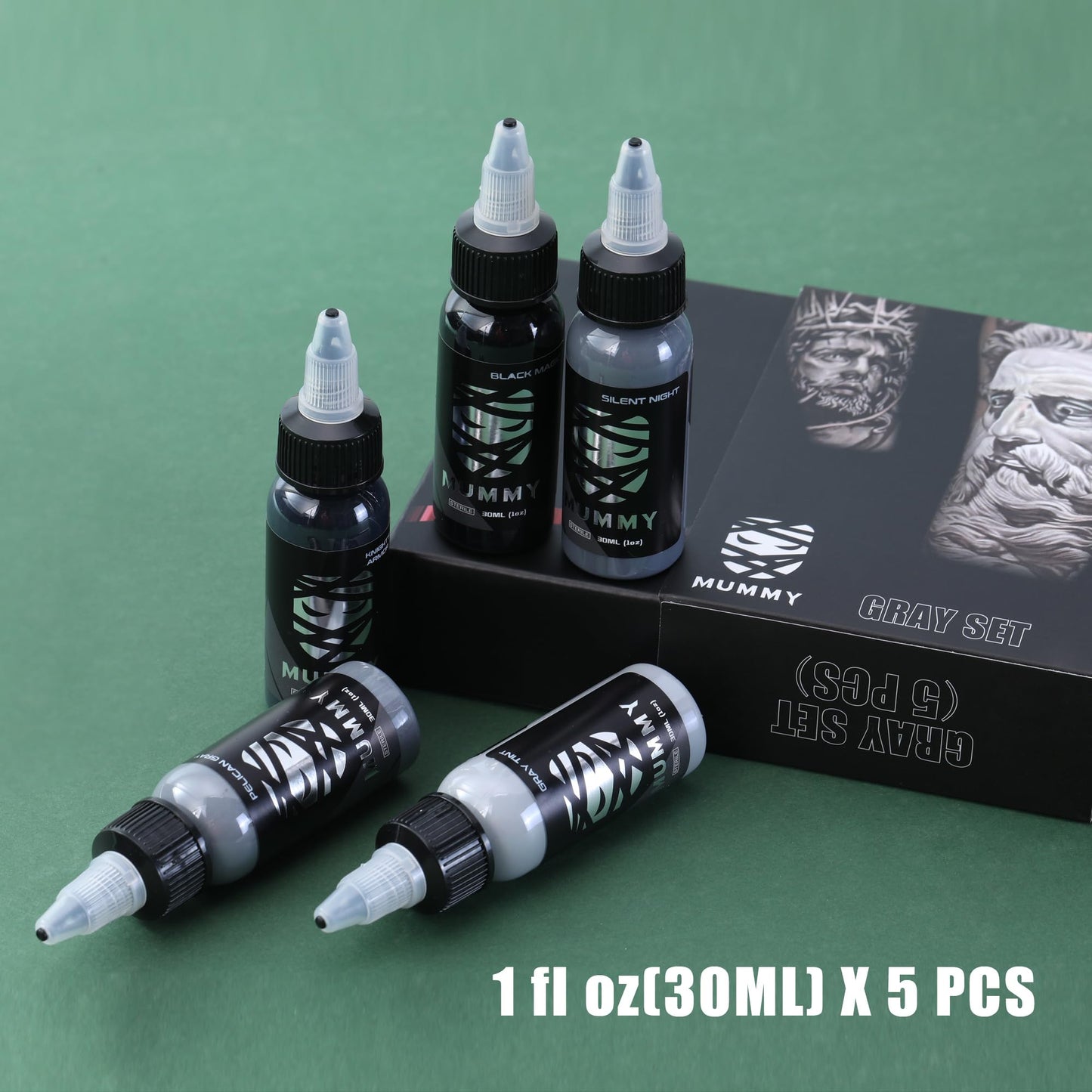 Mummy USA Custom Tattoo Ink Color Gray Set Evenly Long Lasting Vibrant and Bright, No Irritation Set 1 oz Bottles