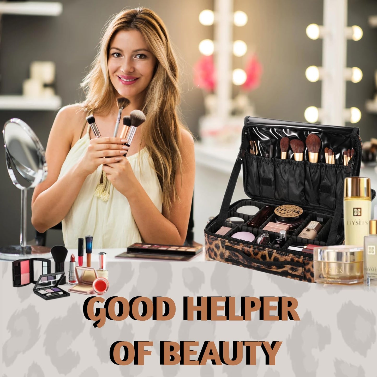 GERYUAEG Makeup Case Large Travel Makeup Bag 3 Layers Cosmetic Train Case Cosmetic Organizer Brush Holder Waterproof Makeup Storage Bag with Adjustable Dividers and Shoulder Strap (Leopard)