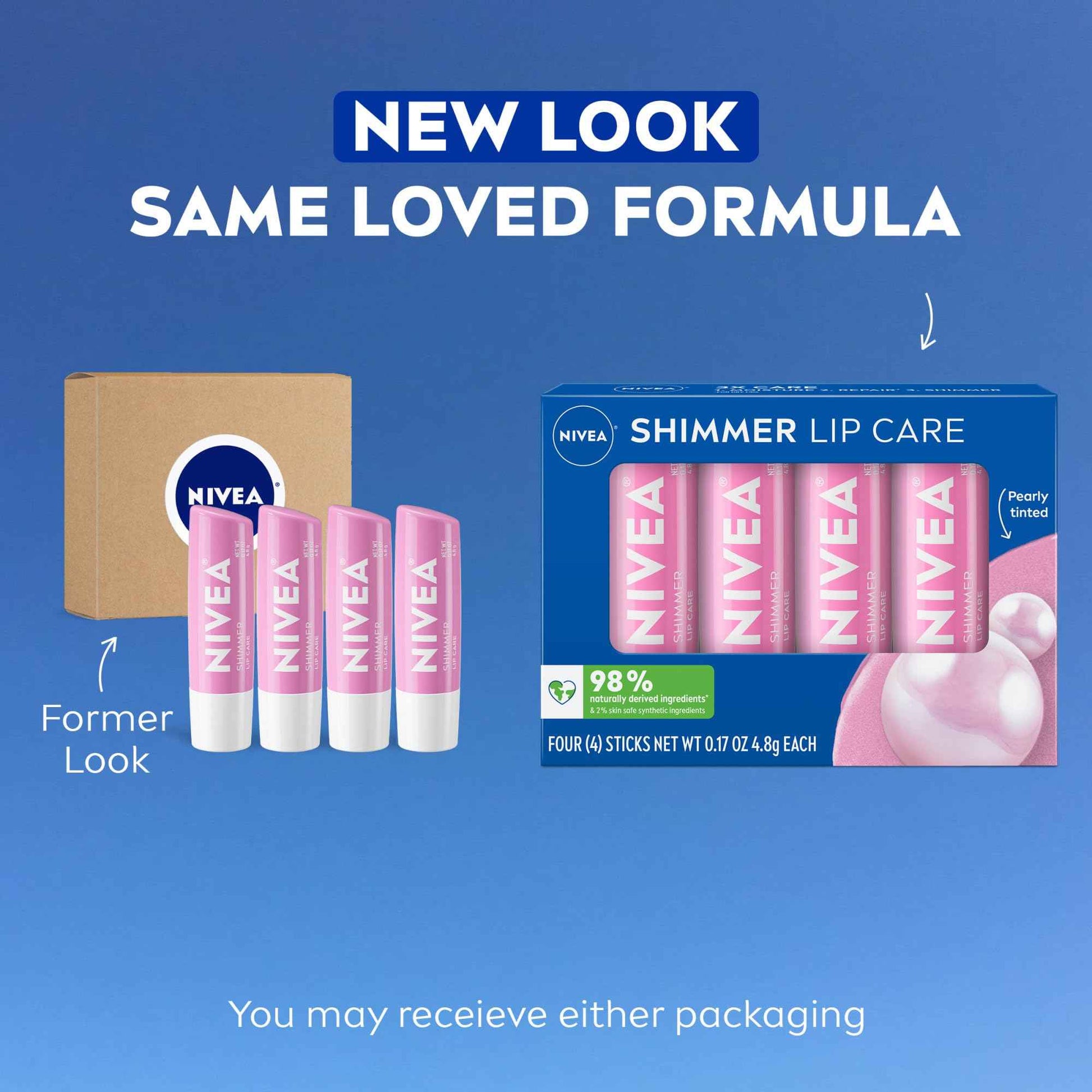 NIVEA Shimmer Lip Care, Shimmery Lip Balm Pack with Shea Butter, Nourishing Oils and Vitamin C & E, 3-in-1 Moisture, Repair and Shimmer, 0.17 Oz Stick, Pack of 4