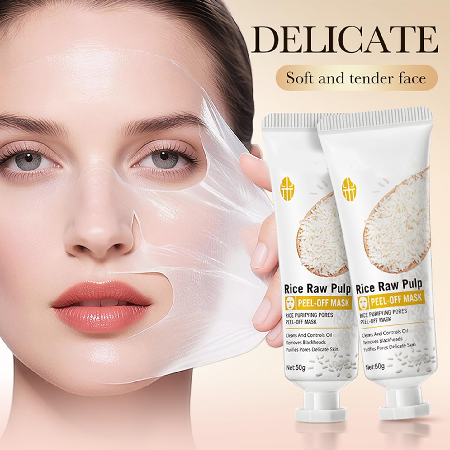 DLZZRS Rice Raw Pulp Peel-Off Mask, Purifying Pores Peel-Off Mask, Deeply Clean & Controls Oil, Removes Blackheads, Purifies Pores Delicate Facial Skin, Hydrolyzed Rice extract, 1.76 oz.