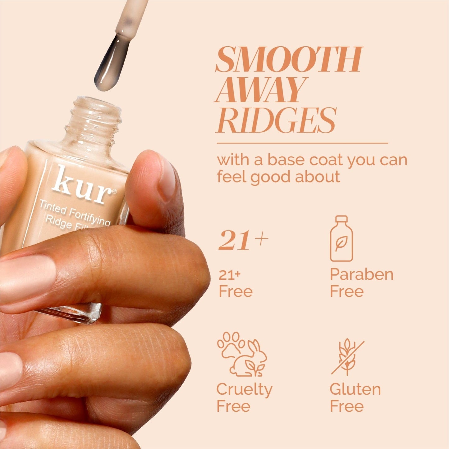 LONDONTOWN Kur Nail Ridge Filler - Smoother - Strengthener - Filler for Damaged Uneven Nails - Fortifying, Self Leveling Base, Vegan, Cruelty Free, Paraben Free, Apricot-Beige, 0.4 fl oz