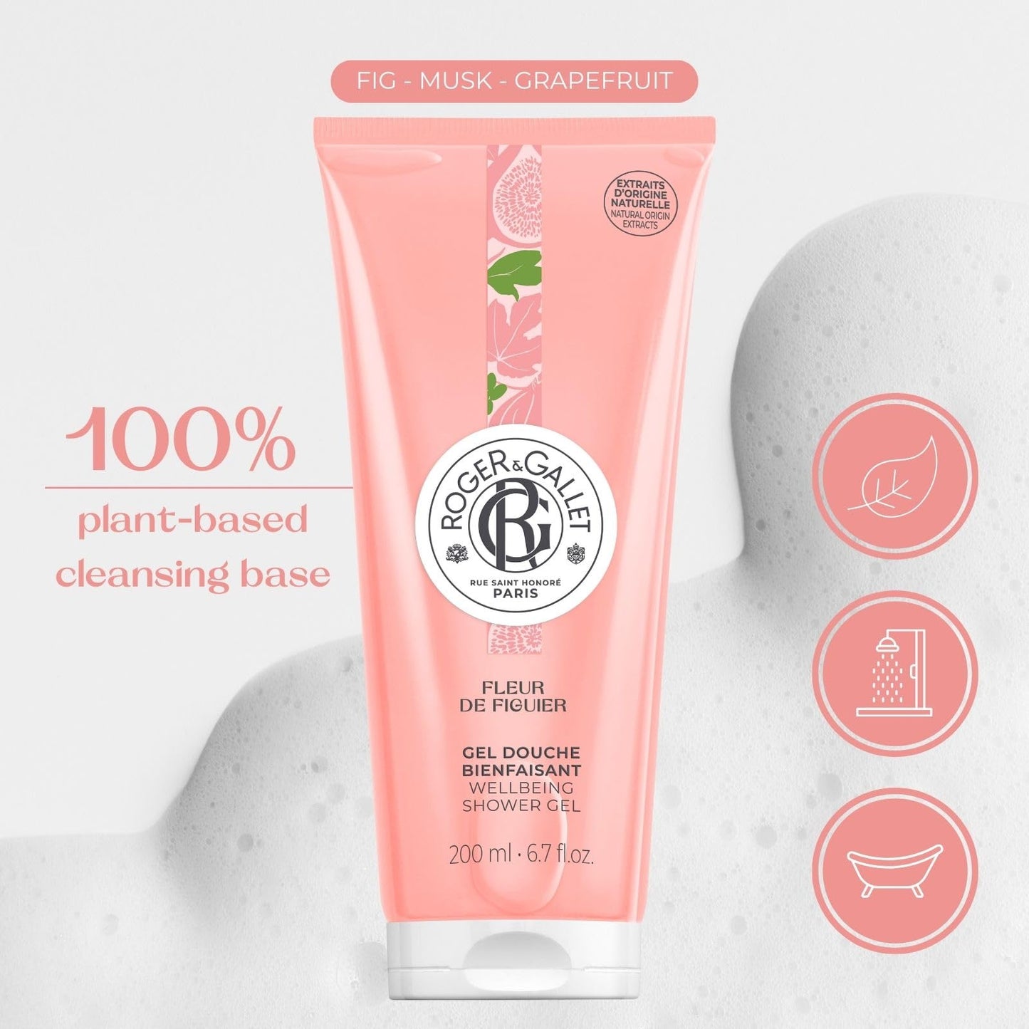 ROGER & GALLET Wellbeing Shower Gel – Plant-Based Hydrating Body Wash with Aloe Vera, Gentle Foaming Cleanser for Soft Skin (Fleur De Figuier - Fig Blossom | 6.7 Oz)