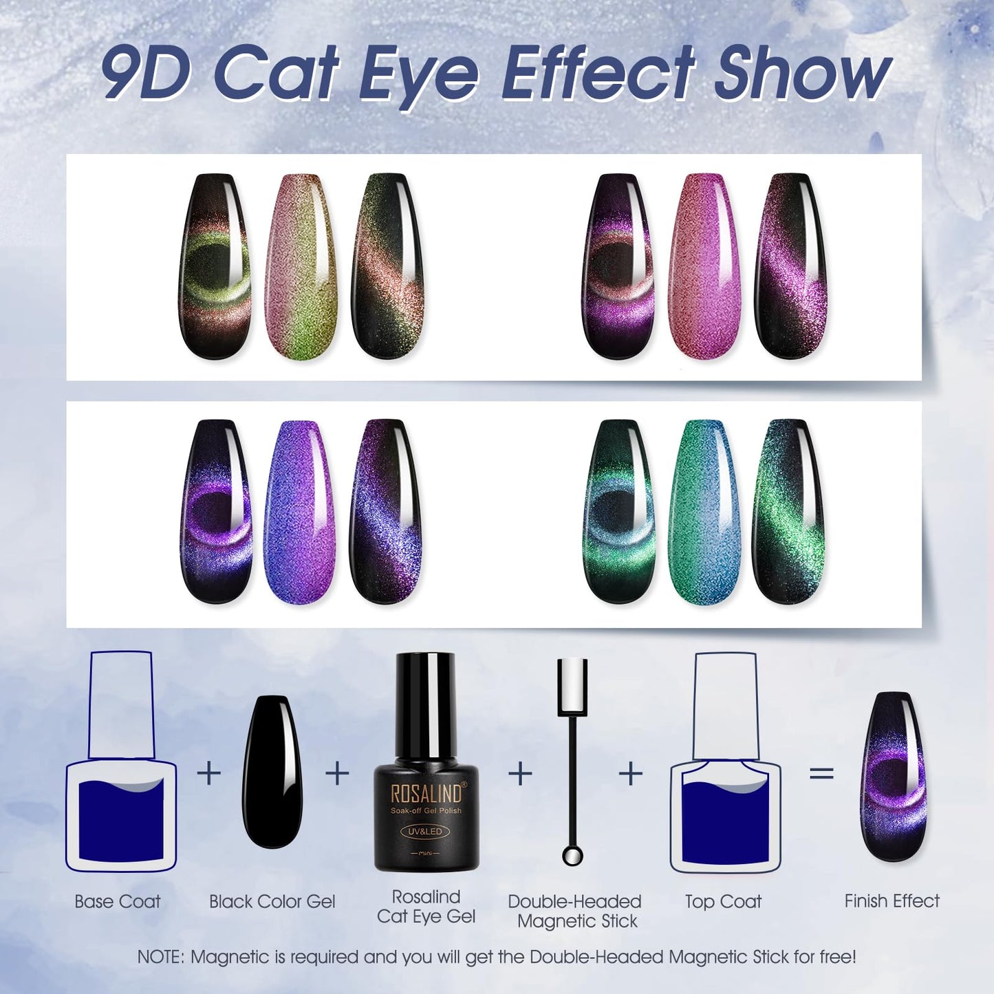 ROSALIND 30pcs Cat Eye Gel Nail Polish Set - 26 Colors Red Purple Brown Green Burgundy Magnetic Gel Nail Polish with Base Gel Glossy Matte Top Coat Magnet and Nail Primer