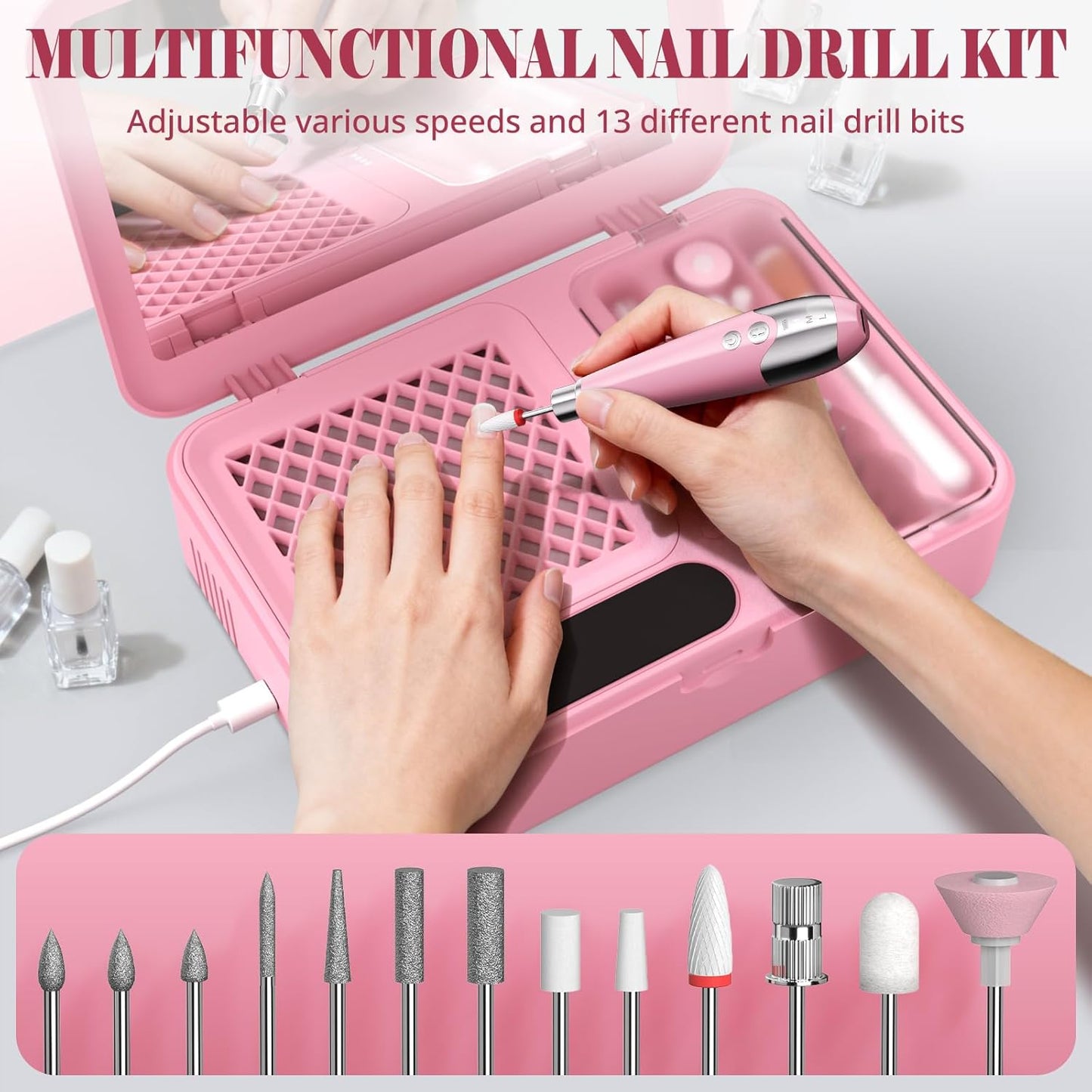 Nail Dust Collector & Cordless Electric Nail Drill Kit | Professional Manicure & Pedicure with 13 Bits - Pink