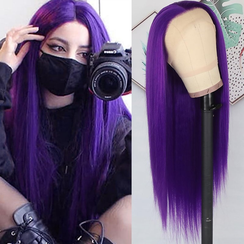 Lezaxiu Purple Synthetic Hair Wigs Long Straight Hair Natural Dark Purple Color Wig Heat Resistant Fiber Hair Wigs for Fashion Women