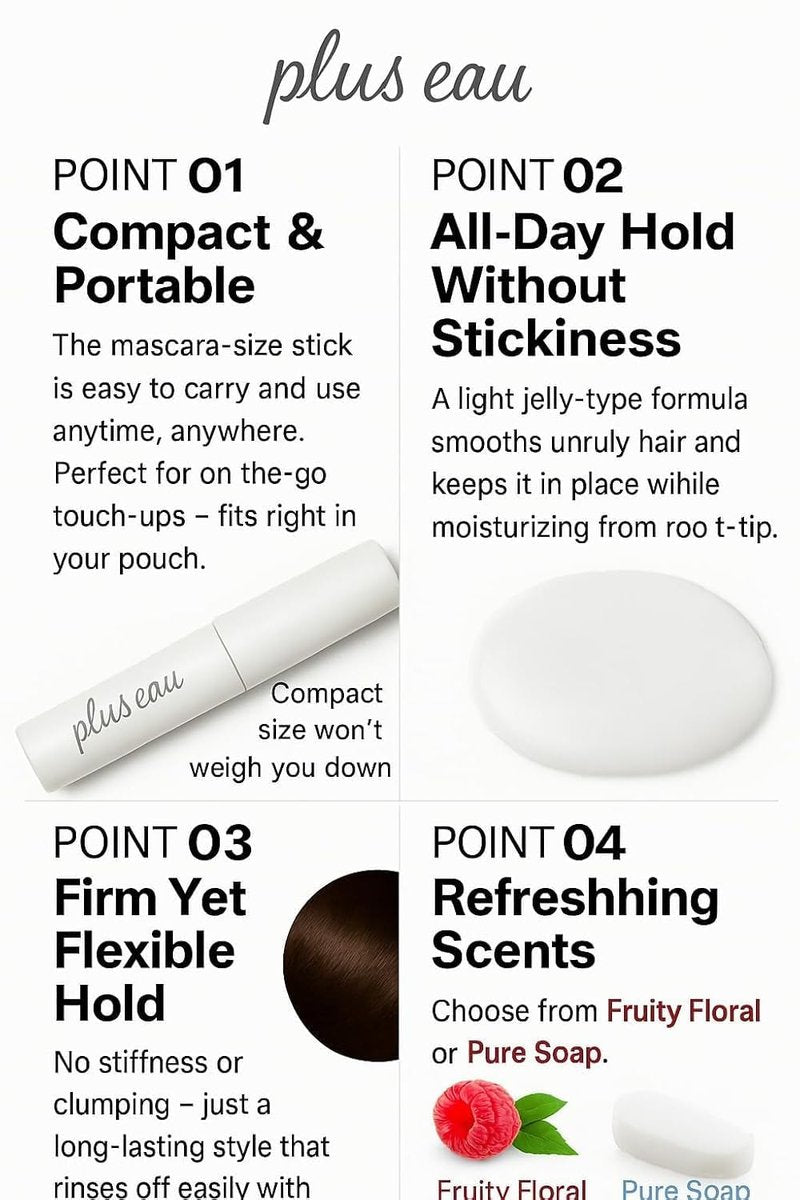 Plus eau Point Repair Hair Finishing Stick - Baby Hair & Edge Control, Strong Hold Hair Mascara for Bangs & Hairline, Made in Japan, Fruity Bouquet Scent
