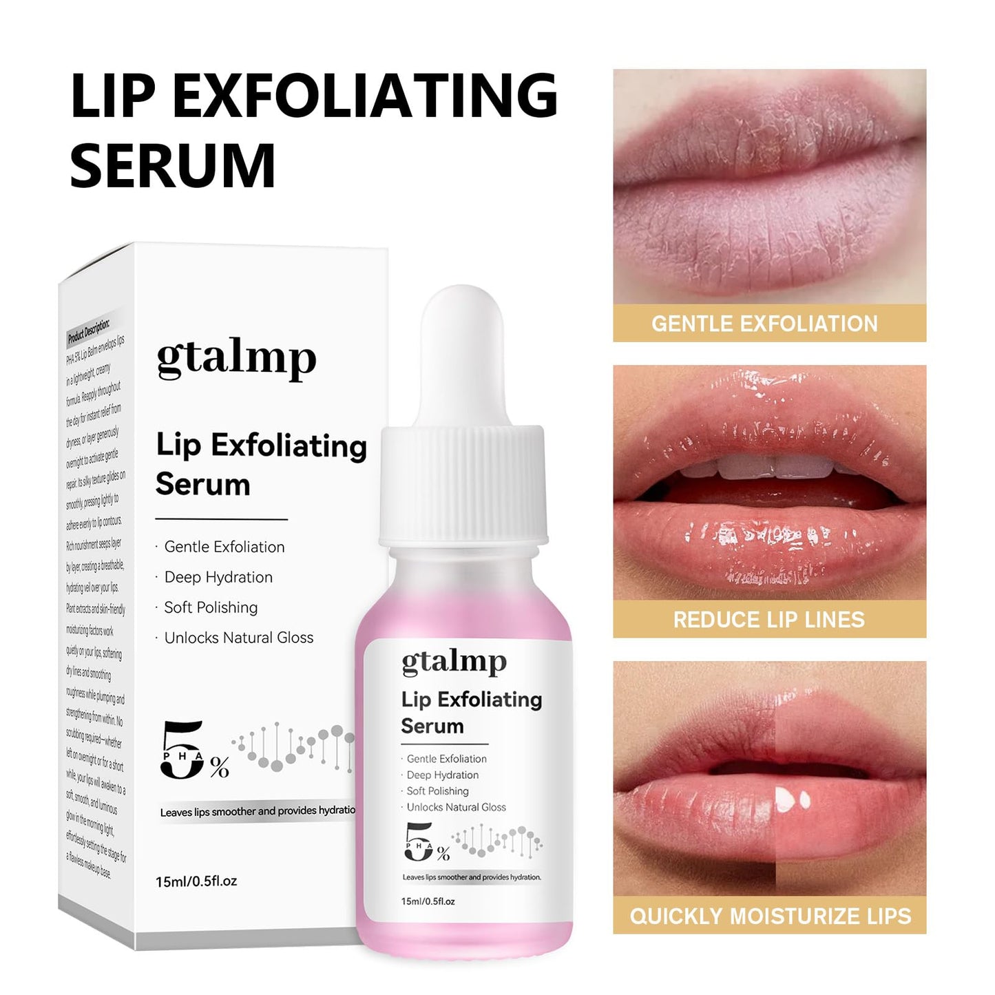 gtalmp PHA 5% Exfoliating Lip Serum - Gentle Overnight Treatment for Dry, Flaky Lips, Hydrating Lip Exfoliator & Primer for Smoother, Softer & Plump-Looking Lips (1)