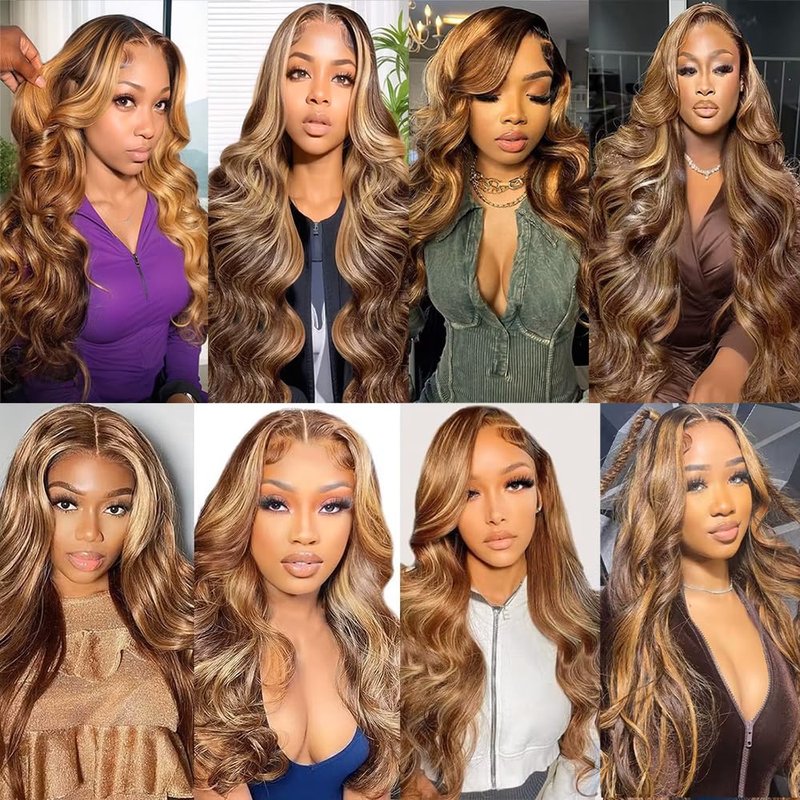 Dokksiiia Honey Blonde Body Wave Bundles Human Hair Ombre P4/27 Dark Brown and Honey Blonde (#4 & #27) Mix Highlight Piano Color Bundles Brazilian Human Hair Extensions 10 12 14 Inch for Black Women