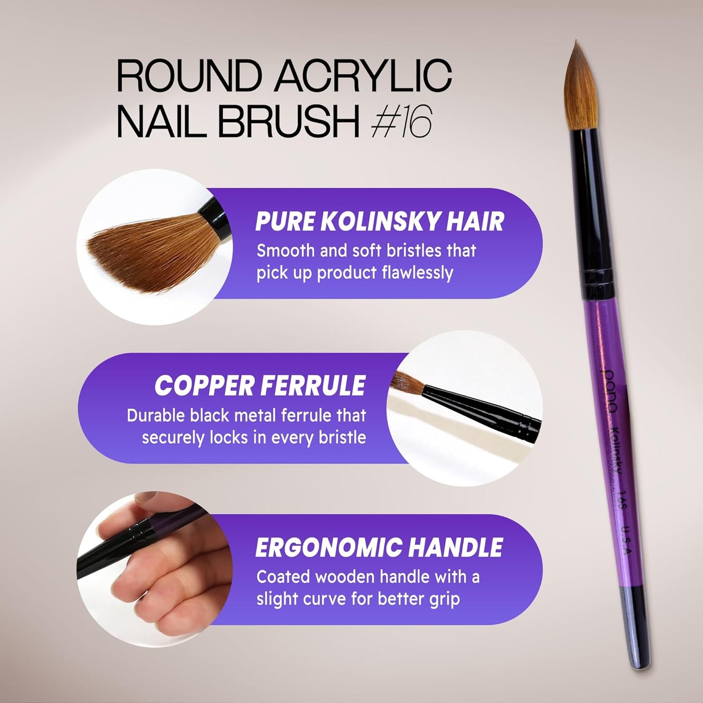 Kolinsky Acrylic Nail Brush - Professional Purple Wood Handle | Size 16, 100% Pure Hair