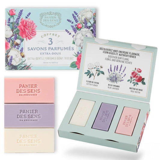 Panier des Sens - Mothersday Gift Bar Soap Gift Set for Women - Cotton, Rose, Lavender Soap Bars - Birthday Gift for Her - Hand & Body Soap Bars with Shea Butter - 97% Natural Ingredients - 3x3.5oz