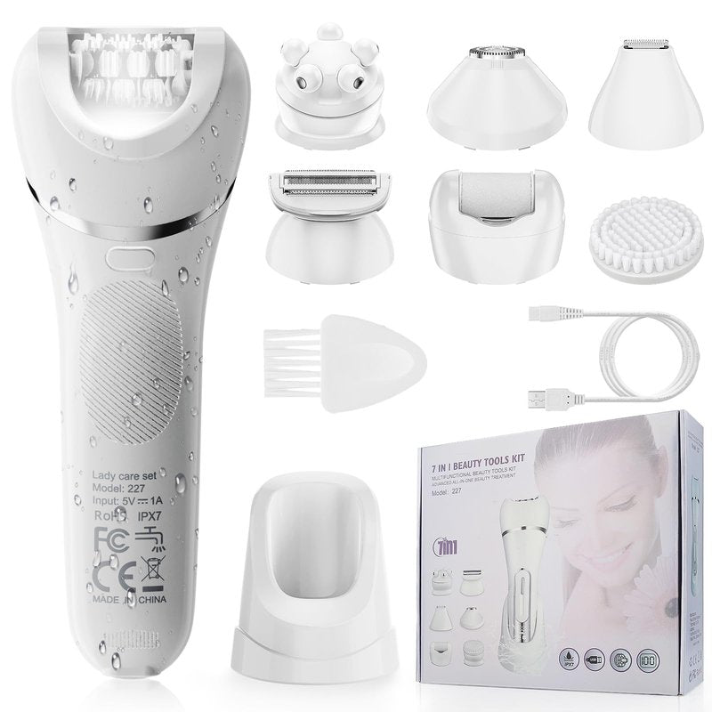 Qreeyx Epilator for Women, 7 in 1 Epilator Hair Removal for Women, Shaver, Bikini, Face Razor, Facial Brush, Face Massage and Body Exfoliator, Waterproof Painless Lady Shaver (White 227)