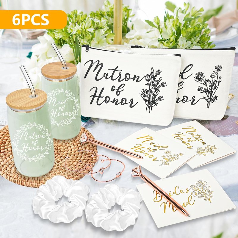 Nimbbex 36Pcs Bridesmaid Proposal Gifts,Maid of Honor Gifts Matron of Honor Gifts,include 16oz Glass Cups Makeup Bags Scrunchies Knot Bracelets Bridesmaid Cards Diamond Pens for Wedding